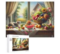 for Adults 500 PCS Puzzle Fruit Bowl with Cat by Window Adult Puzzles Hands-on Game Improve Memory Unique Gifts for Birthday And Christmas 500 PCS