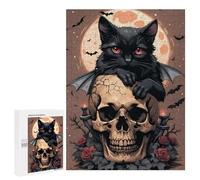 for Adults 500 PCS Puzzle Halloween Black Cat on Skull -2 Adult Puzzles Hands-on Game Improve Memory Unique Gifts for Birthday And Christmas 500 PCS