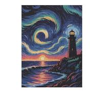 for Adults 52x38cm/1000pcs Puzzle Lighthouse at Sunset with Swirling Sky Jigsaw for Adults Fun Games Hand Speed Race Unique Gifts for Birthday And Christmas 52x38cm/1000pcs