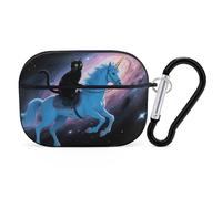 for Airpod Pro Case Cover with Secure Lock Clip Hard Black Cat Riding Horse Protective Cover Compatible with Airpod Pro 2nd/1st Generation Case for Women Men Front LED Visible Black