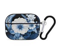 for Airpod Pro Case Cover with Secure Lock Clip Hard Blue and White Floral Protective Cover Compatible with Airpod Pro 2nd/1st Generation Case for Women Men Front LED Visible Black