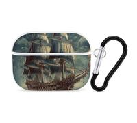for Airpod Pro Case Cover with Secure Lock Clip Hard Nautical Vintage Sailing Pirate Ship Protective Cover Compatible with Airpod Pro 2nd/1st Generation Case for Women Men Front LED Visible White