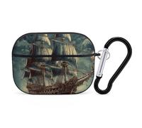 for Airpod Pro Case Cover with Secure Lock Clip Hard Nautical Vintage Sailing Pirate Ship Protective Cover Compatible with Airpod Pro 2nd/1st Generation Case for Women Men Front LED Visible Black