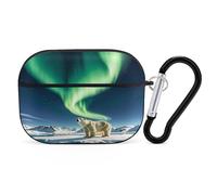 for Airpod Pro Case Cover with Secure Lock Clip Hard Northern Lights Polar Bear Protective Cover Compatible with Airpod Pro 2nd/1st Generation Case for Women Men Front LED Visible Black