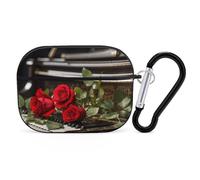 for Airpod Pro Case Cover with Secure Lock Clip Hard Red Rose on Piano Protective Cover Compatible with Airpod Pro 2nd/1st Generation Case for Women Men Front LED Visible Black