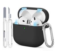 for AirPods 4 Case, Soft Silicone Protective Case Cover Compatible with Apple Airpods 4th Generation 2024 for Women Girly with Cleaner Kit and Keychain, Front LED Visible (A-Magnet Lid-Black)