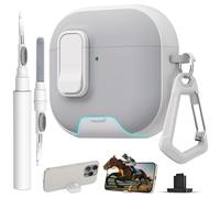 for AirPods 4 Case with Lock,TPU Leather Texture Protective Durability Anti-Lost & Shockproof Protective Cover Accessories with Cleaning Kit in Keychain for Apple AirPods 4 Generation (White/Grey)