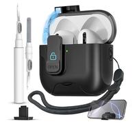 for AirPods 4 Case with Secure Lock,Automatic Magnetic Lock with Phone Holder Function,Shockproof Hard Protective Cover Cleaner Kit for Apple AirPod 4th Generation Case 2024(Black-A)