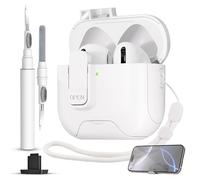 for AirPods 4 Case with Secure Lock,Automatic Magnetic Lock with Phone Holder Function,Shockproof Hard Protective Cover Cleaner Kit for Apple AirPod 4th Generation Case 2024(White-B)