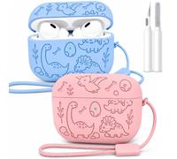 for Airpods Pro 2 Case Pack of 2,Silicone Dinosaur Engraved Cases Compatible with Apple AirPods Pro 2nd Generation 2022, Shockproof Cover for Women Men with 3-in-1 Cleaning Kit (Pastel Pink and Blue)
