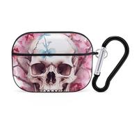 for AirPods Pro 2 Case Supports Wireless Charging Human Skull Pink Flowers AirPods Pro Case Cover with Durable Carabiner for Men/Women