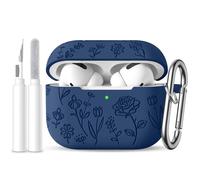 for AirPods Pro 2nd/1st Case with Cleaner Kit,Cute Rose Flower Engraved Soft Silicone Protective Compatible with Apple AirPods Pro 2/Airpod Pro Cover with Keychain,Front LED Visible,Darkblue