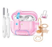 for Airpods Pro 2nd/1st Generation Case Pink with Lock&Bling Keychain for Women&Girly,Cute Soft TPU Clear Cases Cove for Airpods Pro 2 Case with Cleaning Kit,Phone Holder Function