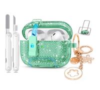for Airpods Pro 2nd/1st Generation Case Shining Green with Lock&Bling Keychain for Women&Girly,Cute Soft TPU Clear Cases Cove for Airpods Pro 2 Case with Cleaning Kit,Phone Holder Function