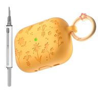 for AirPods Pro 3 Case (2025) DamonLight Floral Engraved Shockproof Protective Soft Silicone Case Cover with Cleaning Pen and Floral Keychain for Apple Airpods Pro 3rd Generation (Orange)