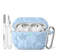 for AirPods Pro 3 Case 2025 with Cleaner Kit, Cute Turtle Engraved Soft Silicone Protective Case Cover Compatible with Apple AirPods Pro 3rd Generation for Women Men with Keychain, Sky Blue