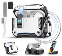 for AirPods Pro 3 Case with Magnetic Lock, Magsafe Compatible, White | Phone Stand Design, Auto Snap Lock Secure Case with Cleaning Kit & Keychain, Shockproof Protective Cover for AirPods Pro 3