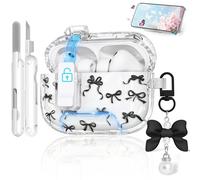 for AirPods Pro 3 Case with Secure Lock & Phone Stand, Bow-Print Clear Case for Apple AirPods Pro 3rd Generation 2025 Cover with Cleaner Keychain for Women Girly (Black, Airpods Pro 3 (2025))