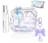 for AirPods Pro 3 Case with Secure Lock & Phone Stand, Bow-Print Clear Case for Apple AirPods Pro 3rd Generation 2025 Cover with Cleaner Keychain for Women Girly (Purple, Airpods Pro 3 (2025))