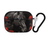 for AirPods Pro Case Cover Black Horse on A Background of Red Roses AirPods Pro 2/Pro Case Accessories with Keychain Front LED Visible Supports Wired Or Wireless Charging