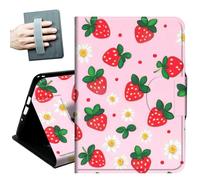 for Amazon All-New Kindle Fire 7 Tablet Case 7" 12th Generation 2022 Release,with Hand Straps and Auto Wake/Sleep PU Leather Slim Multiple Angles Stand Smart Cover,Pink Red Strawberry