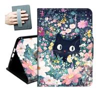 for Amazon All-New Kindle Fire 7 Tablet Case 7" 12th Generation 2022 Release,with Hand Straps and Auto Wake/Sleep PU Leather Slim Multiple Angles Stand Smart Cover,Black Cat in the Flowers