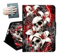 for Amazon All-New Kindle Fire 7 Tablet Case 7" 12th Generation 2022 Release,with Hand Straps and Auto Wake/Sleep PU Leather Slim Multiple Angles Stand Smart Cover,Skulls and Lily Flowers
