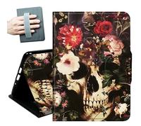 for Amazon All-New Kindle Fire 7 Tablet Case 7" 12th Generation 2022 Release,with Hand Straps and Auto Wake/Sleep PU Leather Slim Multiple Angles Stand Smart Cover,Skull in the Flowers