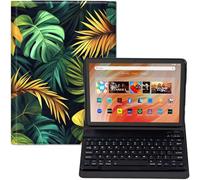 for Amazon Fire HD 10 Tablet Case with Keyboard (13th/11th Gen, 2023/2021, 10.1 Inch) - PU Leather Stand Cover, Detachable Bluetooth Keyboard, Protective Tropical Jungle Leaves Pattern Design