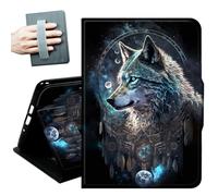 for Amazon Kindle Fire Max 11 Case (13th Generation, 2023 Release) 11" with Hand Straps and Auto Wake/Sleep PU Leather Slim Multiple Angles Stand Smart Cover,Feathers Wolf Warrior
