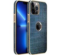 For Apple iPhone 14 Pro Max Case 6.7 Inch 2022, All Inclusive Genuine Leather Logo Visible Design Crocodile Texture Back Phone Cover [Screen & Camera Protection] (Color : Blue)