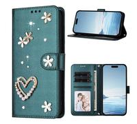 for Blackview Oscal Flat 1C Case, Glitter Love PU Leather Gems Bling Diamond Buckle Shock-Absorption Slim Flip Folio Wallet Phone Case with Card Holder Kickstand Magnetic Closure Dark green