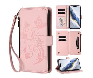 for Blackview Oscal Flat 1C Case PU Leather Embossed Buttrefly Flower Shockproof Zipper Flip Wallet Phone Case Magnetic Closure Viewing Stand Notebook Bumper Cover with Card Holder Pink