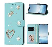for Blackview Shark 9 5G Case, Glitter Love PU Leather Gems Bling Diamond Buckle Shock-Absorption Slim Flip Folio Wallet Phone Case with Card Holder Kickstand Magnetic Closure mint green