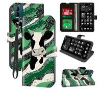 for Blu View Speed 5g B1550VL Wallet Phone Case with RFID Blocking, 4 Card Holders, Kickstand, Wrist Strap - Magnetic Leather Flip Protective Cover for Women & Men,Green Black White Striped Cow