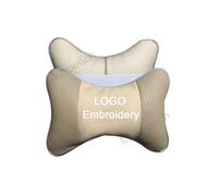 (For BMW beige) 2Pcs Beige Embroidery Car Neck Pillow Leather Seat Support Headrest For