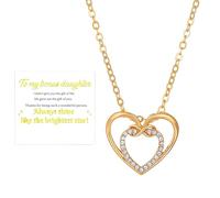 For Bonus Daughter - Always Shine Like The Brightest Star Necklace, My Little Star Necklace for Daughter, Double Heart Pendant Necklaces, Carries Everlasting Love (Gold)