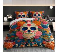 For Boys Teens Bedding Duvet Cover Set Day Of The Dead Skull Florals Brushed Soft Microfiber Comforter Cover Colorful with Zipper Closure and Corner Ties Room Decor Euro Size 60x79 inch