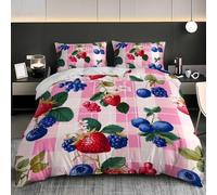 For Boys Teens Bedding Duvet Cover Set Fruit Strawberry Blueberry Brushed Soft Microfiber Comforter Cover Pink with Zipper Closure and Corner Ties Room Decor Euro Size 60x79 inch