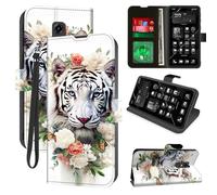 for Consumer Cellular Iris Connect Wallet Phone Case with RFID Blocking, 4 Card Holders, Kickstand, Wrist Strap - Magnetic Leather Flip Case Protective Cover for Women&Men,White Tiger / Butterfly