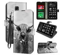 for Consumer Cellular Iris Connect Wallet Phone Case with RFID Blocking, 4 Card Holders, Kickstand, Wrist Strap - Magnetic Leather Flip Case Protective Cover for Women&Men,Highland Cow Ox Cattle