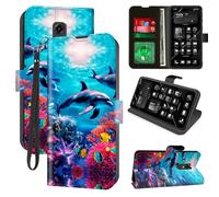for Consumer Cellular Iris Connect Wallet Phone Case with RFID Blocking, 4 Card Holders, Kickstand, Wrist Strap - Magnetic Leather Flip Case Protective Cover for Women&Men,Deep Sea Corals Dolphin