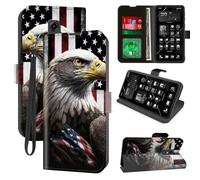 for Consumer Cellular Iris Connect Wallet Phone Case with RFID Blocking, 4 Card Holders, Kickstand, Wrist Strap - Magnetic Leather Flip Case Protective Cover for Women&Men,American Flag Eagles