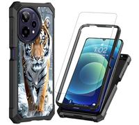 for Cricket Icon Plus 2026 Phone Case with Tempered Glass Screen Protector, Heavy Duty Shockproof Rugged Bumper Dual Layer Cover Protective Case for Cricket Icon Plus+,A Orange Tiger in The Snow