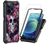 for Cricket Icon Plus 2026 Phone Case with Tempered Glass Screen Protector, Heavy Duty Shockproof Rugged Bumper Dual Layer Cover Protective Case for Cricket Icon Plus+, Pink White Sugar Skull