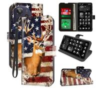 for Cricket Icon Plus 2026 Wallet Case with RFID Blocking, 4 Card Holders, Kickstand, Wrist Strap - Magnetic PU Leather Flip Phone Case Protective Cover for Women & Men,Vintage American Flag Deer