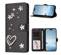 for Cricket Magic 2 5G Case, Glitter Love PU Leather Gems Bling Diamond Buckle Shock-Absorption Slim Flip Folio Wallet Phone Case with Card Holder Kickstand Magnetic Closure black