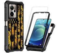 for Cricket Outlast 5G 2024 Phone Case with Tempered Glass Screen Protector, Heavy Duty Shockproof Rugged Bumper Dual Layer Protective Cover Case for AT&T Motivate Pro,Sunflowers American Flag