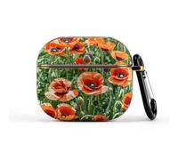 for Earbuds 3 Case Cover Compatible with 3rd Gen Red Poppy Flowers Leaves Wireless Earbuds Full Drop Protection Cute Hard Shell Protective Cover with Keychain Supports Wireless Charging