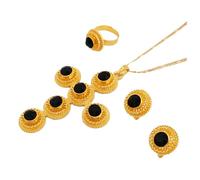 For Ethiopian Red Stone Cross Necklace Pendants Earrings Ring 3pcs Set Gold Color Women Traditional Jewelry African Bridal Sets Wedding Party (Black)